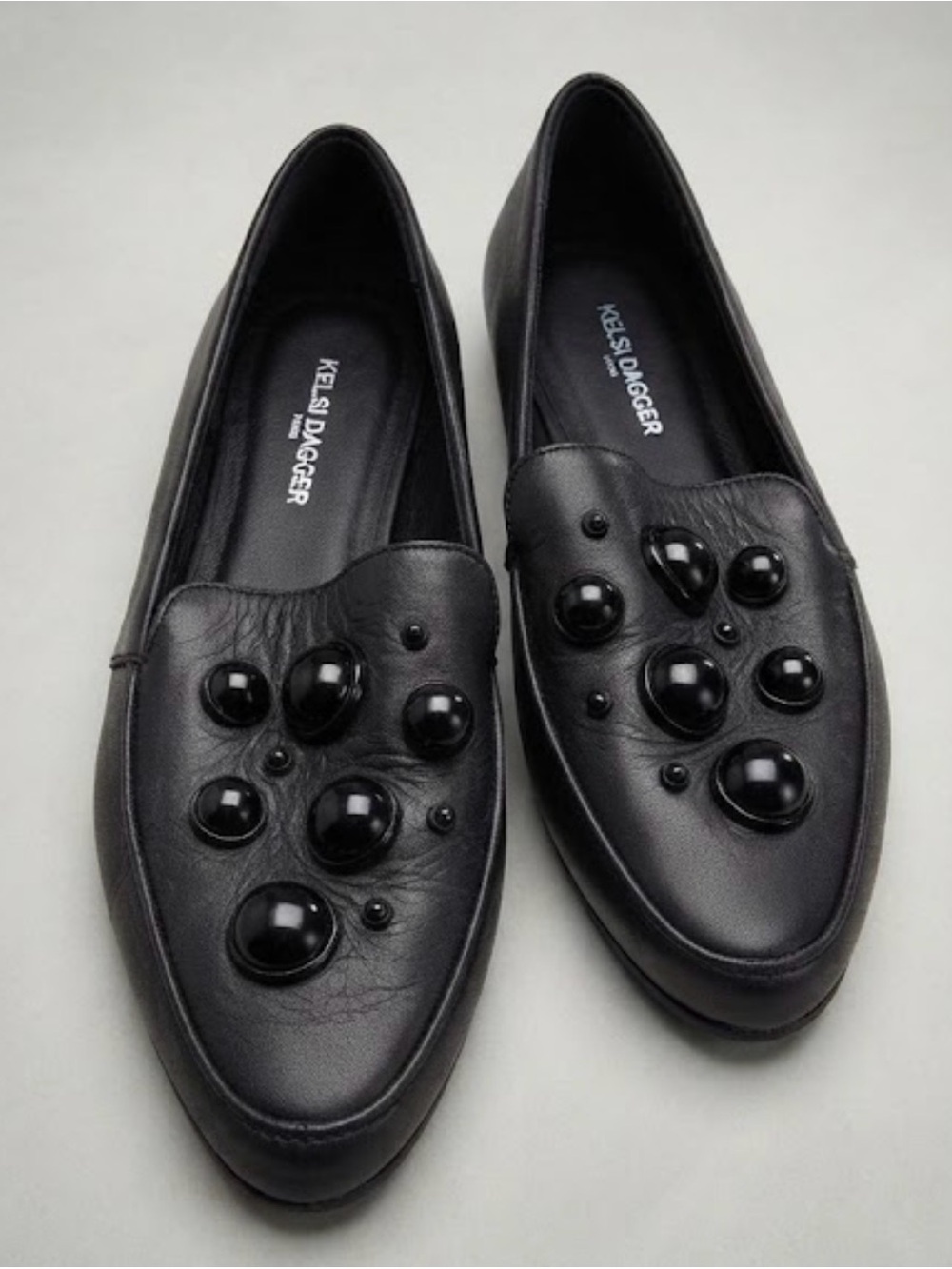 Kelsi Dagger Black Leather Beaded Pointed-Toe Flats